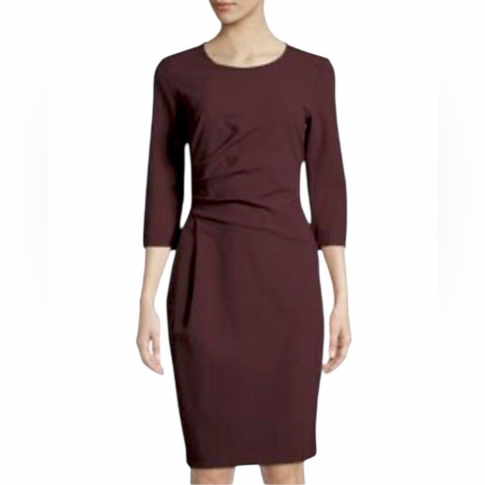 NWOT Lafayette 148 Wool Sheath Dress Deep Burgundy 3/4 Sleeves Draped Waist 12